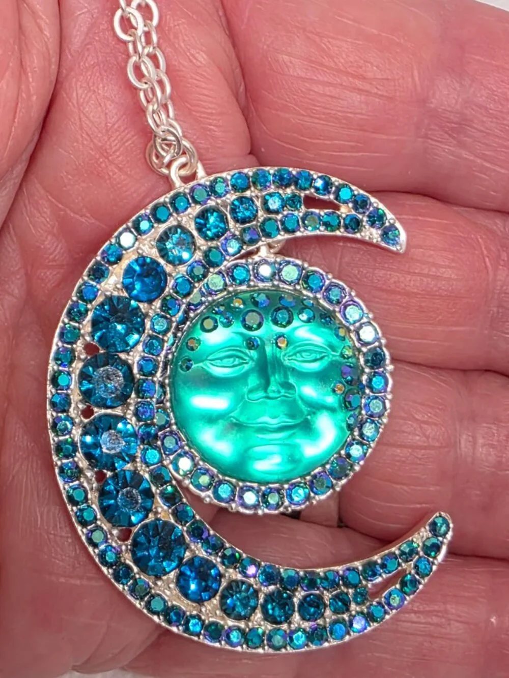 Kirks Folly Moondust Goddess Seaview Moon Necklace Silvertone- azure